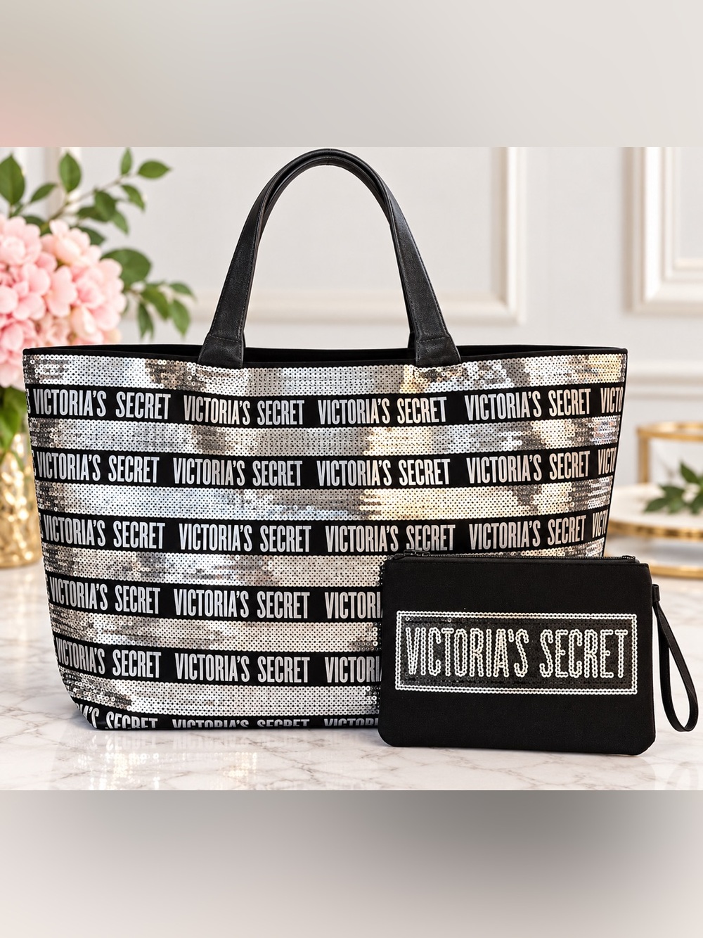 Victoria’s Secret Sequin Logo Tote Bag + Matching Wristlet Pouch Silver Black